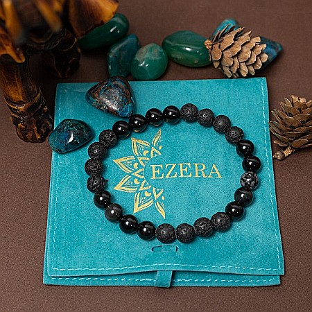 Bratara barbati Amir din pietre semipretioase de Obsidian si Lava, margele de 8mm [7]