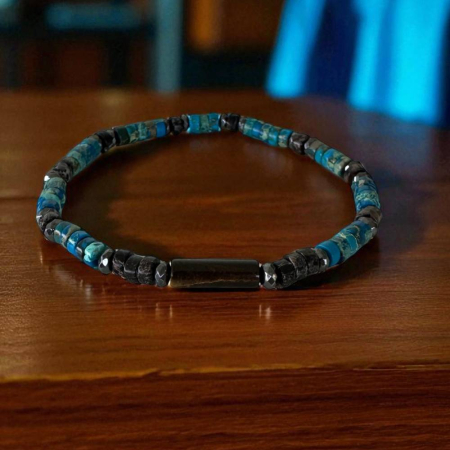 Bratara barbati Caspian cu rondele de sediment marin si hematit cu ochi de tigru [2]