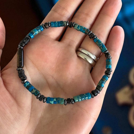 Bratara barbati Caspian cu rondele de sediment marin si hematit cu ochi de tigru [1]