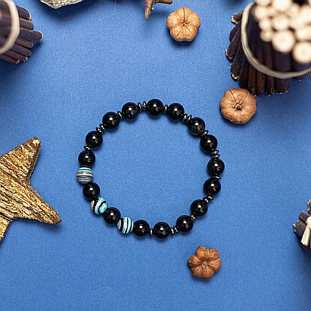 Bratara barbati Deven din pietre semipretioase de Obsidian cu sfere compozit albastru, margele de 8 mm. [5]