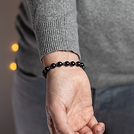 Bratara barbati Deven din pietre semipretioase de Obsidian cu sfere compozit albastru, margele de 8 mm. [1]