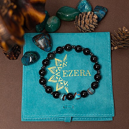 Bratara barbati Deven din pietre semipretioase de Obsidian cu sfere compozit albastru, margele de 8 mm. [6]