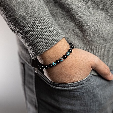 Bratara barbati Deven din pietre semipretioase de Obsidian cu sfere compozit albastru, margele de 8 mm. [2]