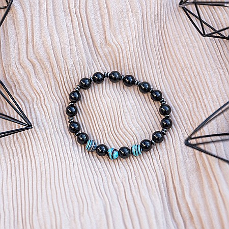Bratara barbati Deven din pietre semipretioase de Obsidian cu sfere compozit albastru, margele de 8 mm. [3]