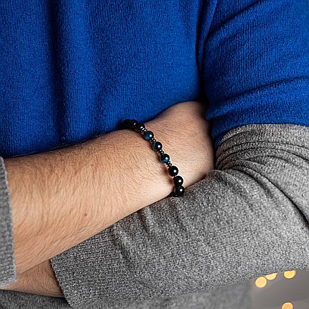 Bratara handmade barbati Elam din Ochi de Tigru Royal Blue si Obsidian, margele de 8mm [2]