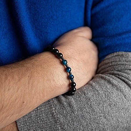 Bratara handmade barbati Elam din Ochi de Tigru Royal Blue si Obsidian, margele de 8mm [1]