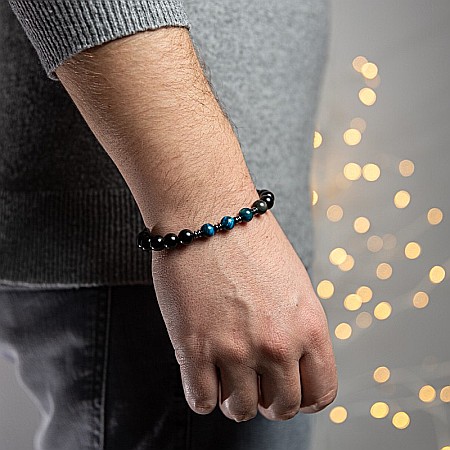 Bratara handmade barbati Elam din Ochi de Tigru Royal Blue si Obsidian, margele de 8mm [5]