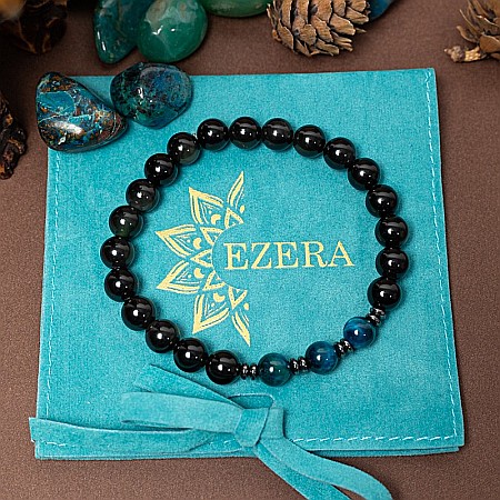 Bijuterii Ochi Tigru - Bratara handmade barbati Elam din Ochi de Tigru Royal Blue si Obsidian, margele de 8mm