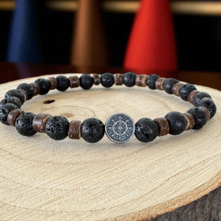 Bratara barbati elastica Thaddeus din pietre de lava si rondele de lemn de cocos cu charm inox [5]