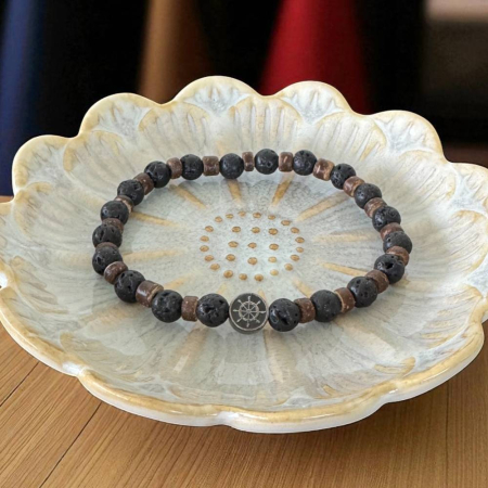 Bratara barbati elastica Thaddeus din pietre de lava si rondele de lemn de cocos cu charm inox [3]