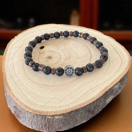 Bratara barbati elastica Thaddeus din pietre de lava si rondele de lemn de cocos cu charm inox [6]