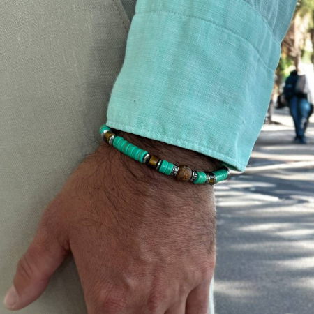 Verde - Bratara barbati elastica Zander cu rondele verzi si Ochi de tigru cu accesorii din inox