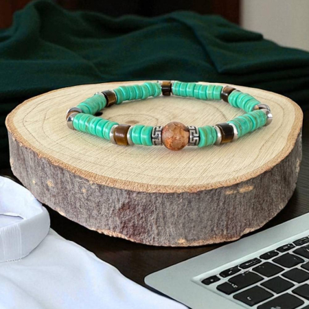 Bratara barbati elastica Zander cu rondele verzi si Ochi de tigru cu accesorii din inox [3]