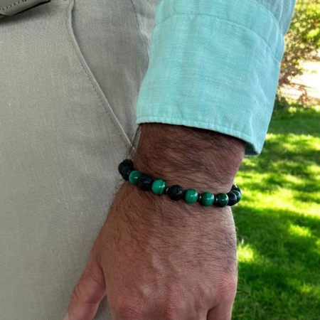 Bijuterii Lava - Bratara barbati Fayiaz din Piatra de Lava si Malachit, sfere de 8mm