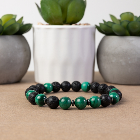Bratara barbati Fayiaz din Piatra de Lava si Malachit, sfere de 8mm [2]