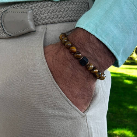 Bijuterii pietre semipretioase - Bratara barbati handmade elastica Silas din Ochi de Tigru si Piatra de Lava