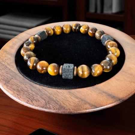 Bratara barbati handmade elastica Silas din Ochi de Tigru si Piatra de Lava [1]