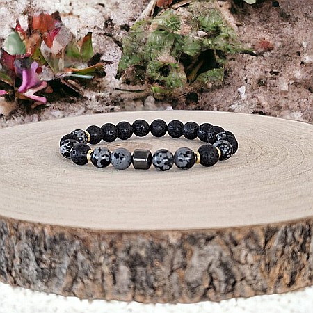 Bratara barbati Jay din Hematit, Snow Flake Obsidian si Piatra de Lava, margele de 8mm [2]