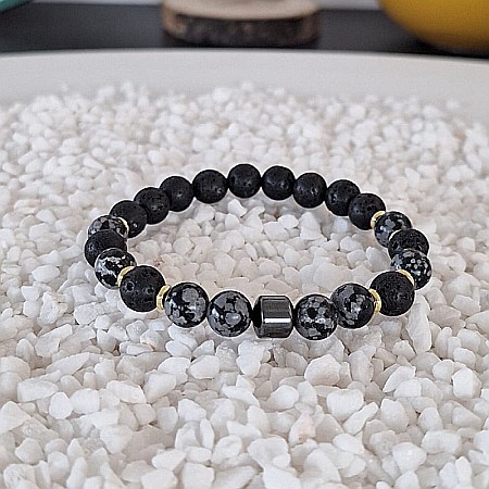 Bratara barbati Jay din Hematit, Snow Flake Obsidian si Piatra de Lava, margele de 8mm [1]