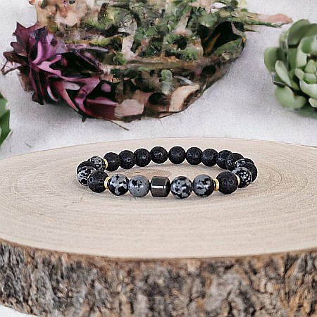 Bijuterii Hematit - Bratara barbati Jay din Hematit, Snow Flake Obsidian si Piatra de Lava, margele de 8mm