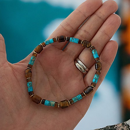 Bratara barbati Kaanan din cristale de Ochi de Tigru si Sediment Marin de Jasp Turcoaz [6]