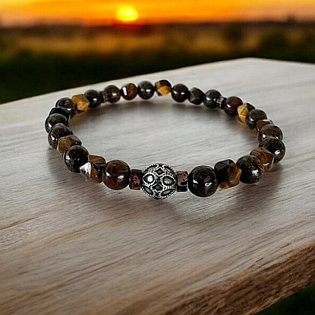 Bijuterii Ochi Tigru - Bratara barbati Karan din Ochi de Tigru si Bronzit cu charm din Inox