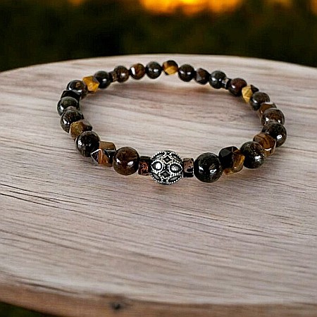 Bratara barbati Karan din Ochi de Tigru si Bronzit cu charm din Inox [4]