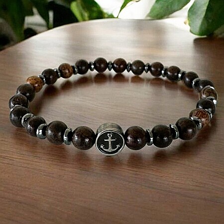 Bijuterii Lemn - Bratara barbati Neel din Lemn de Santal cu Hematit si charm din inox