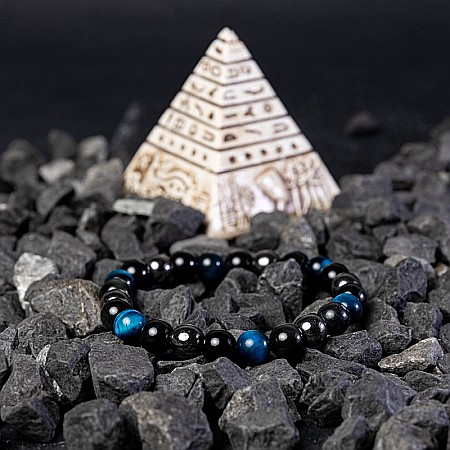 Bratara barbati Ohas din cristale de Ochi de Tigru Royal Blue, Hematit si Obsidian, sfere de 8mm [4]