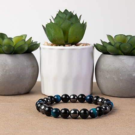 Bijuterii Hematit - Bratara barbati Ohas din cristale de Ochi de Tigru Royal Blue, Hematit si Obsidian, sfere de 8mm