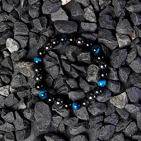 Bratara barbati Ohas din cristale de Ochi de Tigru Royal Blue, Hematit si Obsidian, sfere de 8mm [5]