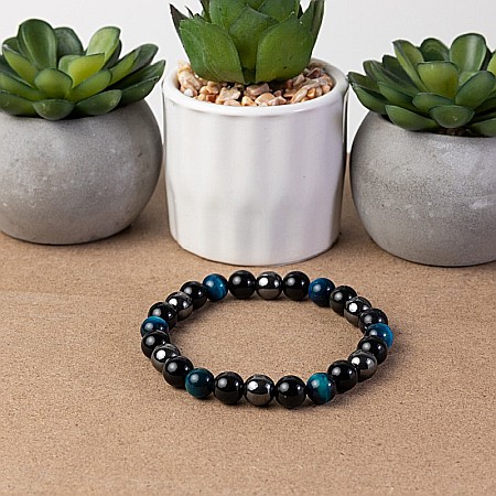 Bratara barbati Ohas din cristale de Ochi de Tigru Royal Blue, Hematit si Obsidian, sfere de 8mm [2]