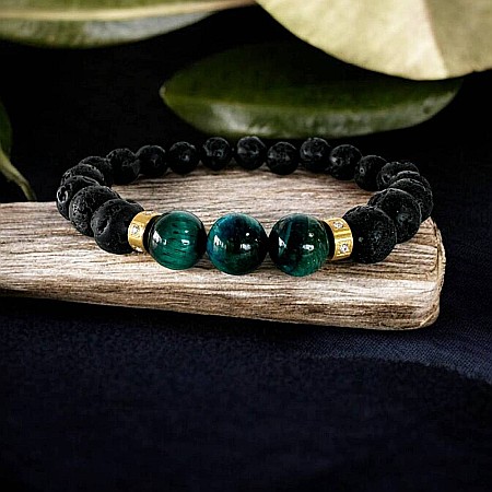 Bratara Barbati Osip din Ochi de Tigru albastru si pietre de Lava cu accesorii din inox aurii [3]