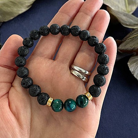 Bratara Barbati Osip din Ochi de Tigru albastru si pietre de Lava cu accesorii din inox aurii [2]