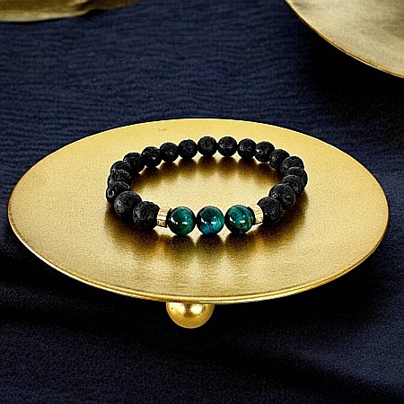 Bratara Barbati Osip din Ochi de Tigru albastru si pietre de Lava cu accesorii din inox aurii [5]