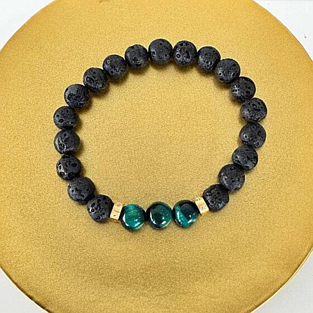 Bratara Barbati Osip din Ochi de Tigru albastru si pietre de Lava cu accesorii din inox aurii [6]