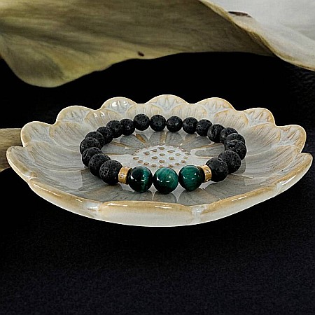 Bijuterii Ochi Tigru - Bratara Barbati Osip din Ochi de Tigru albastru si pietre de Lava cu accesorii din inox aurii