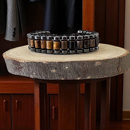 Cristale dupa culoare - Bratara barbati Ravi impletita manual cu Ochi de Tigru Cilindru si Hematit pe snur, ajustabila