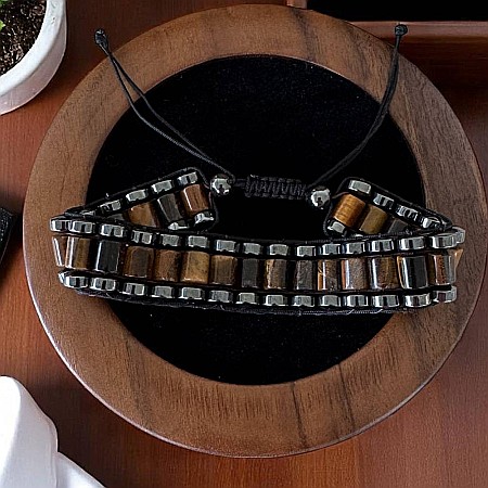 Bratara barbati Ravi impletita manual cu Ochi de Tigru Cilindru si Hematit pe snur, ajustabila [3]