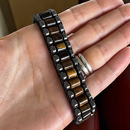 Bratara barbati Ravi impletita manual cu Ochi de Tigru Cilindru si Hematit pe snur, ajustabila [1]