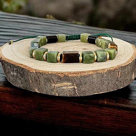 Verde - Bratara barbati reglabila Andy din Cristale de Jad Verde si Ochi de tigru