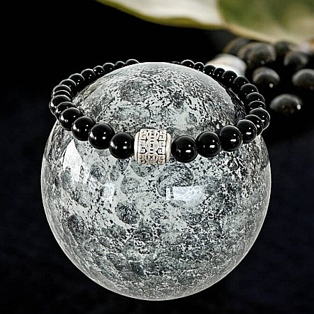 Argint 925 - Bratara barbati snur Melor din cristale de onix negru cu charm din argint