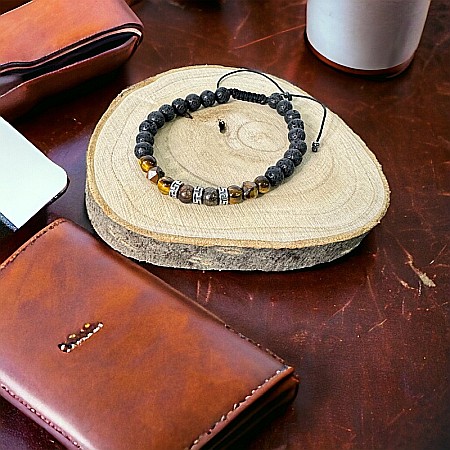 Bratara Barbati snur Milo din cristale de Bronzit, Ochi de Tigru si Piatra de Lava [3]