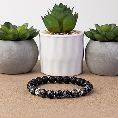 Bratara barbati Suveer din Piatra de lava si Snow Flake Obsidian, sfere de 8mm [1]