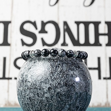 Bratara barbati Suveer din Piatra de lava si Snow Flake Obsidian, sfere de 8mm [3]