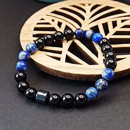 Bratara Barbati Tanaris pentru protectie impotriva stresului si energiei negative din Turmalina si Lapis Lazuli cu Hematit