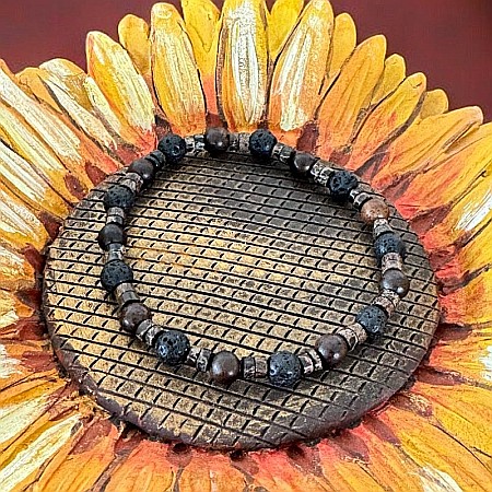 Bijuterii Lemn - Bratara barbati Ved din Lemn de Santal si Piatra de Lava pe elastic