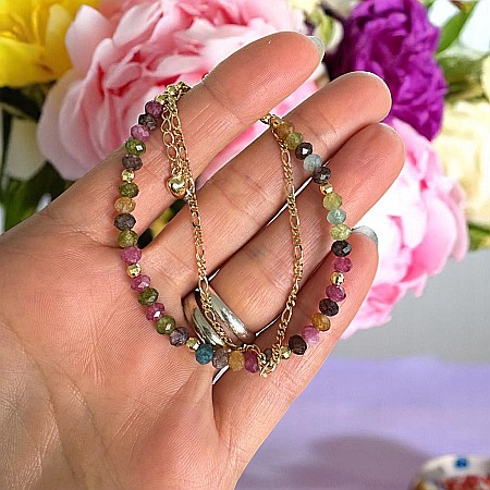 Cristale dupa culoare - Bratara colorata din Turmalina multicolora cu lant din argint placat cu aur Aveline
