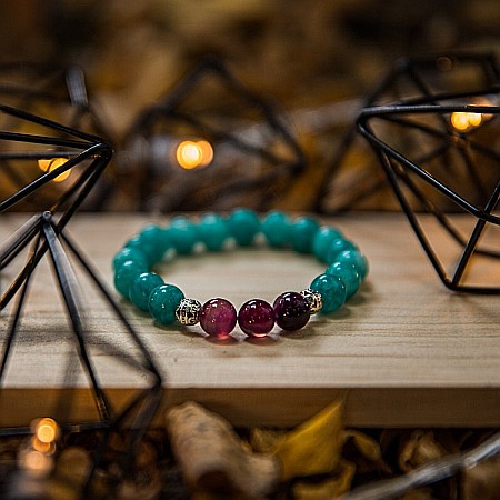 Bratara cristale “Anaya” cu pietre semipretioase de Amazonit si Agata Mov, margele de 8 mm [6]