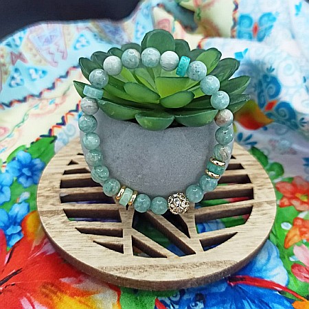 Bratara cristale de Amazonit si Jad Verde, pentru dama, Kaira ❤️, cu charm auriu, margele de 6mm [1]